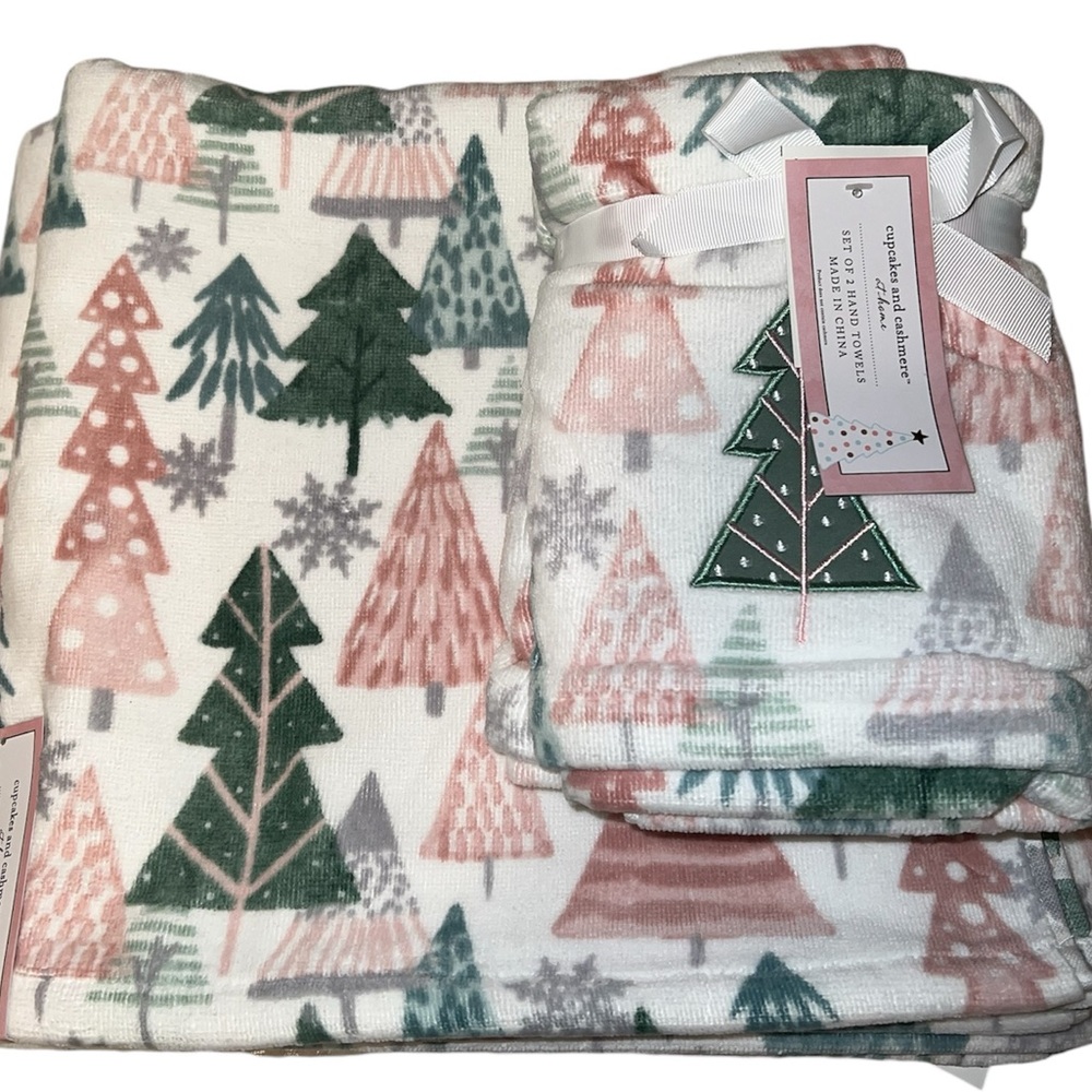 Cupcakes and Cashmere Pink Pastel Christmas Holiday Tree bath 2 Hand Towel set